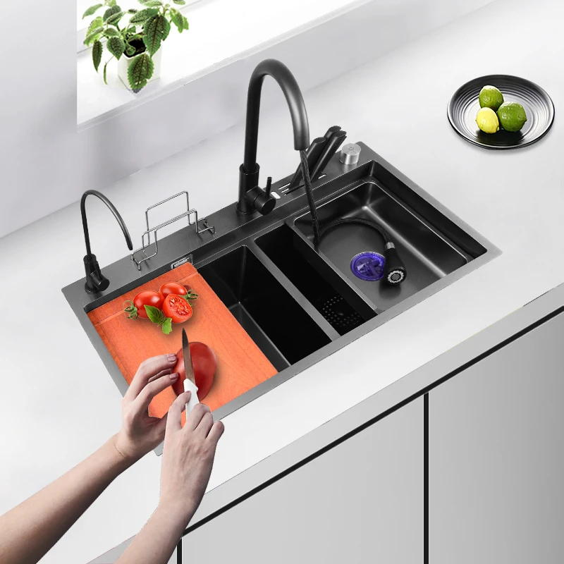 厨房洗菜盆双槽304不锈钢水槽台下盆手工加厚阶梯式洗碗池大尺寸