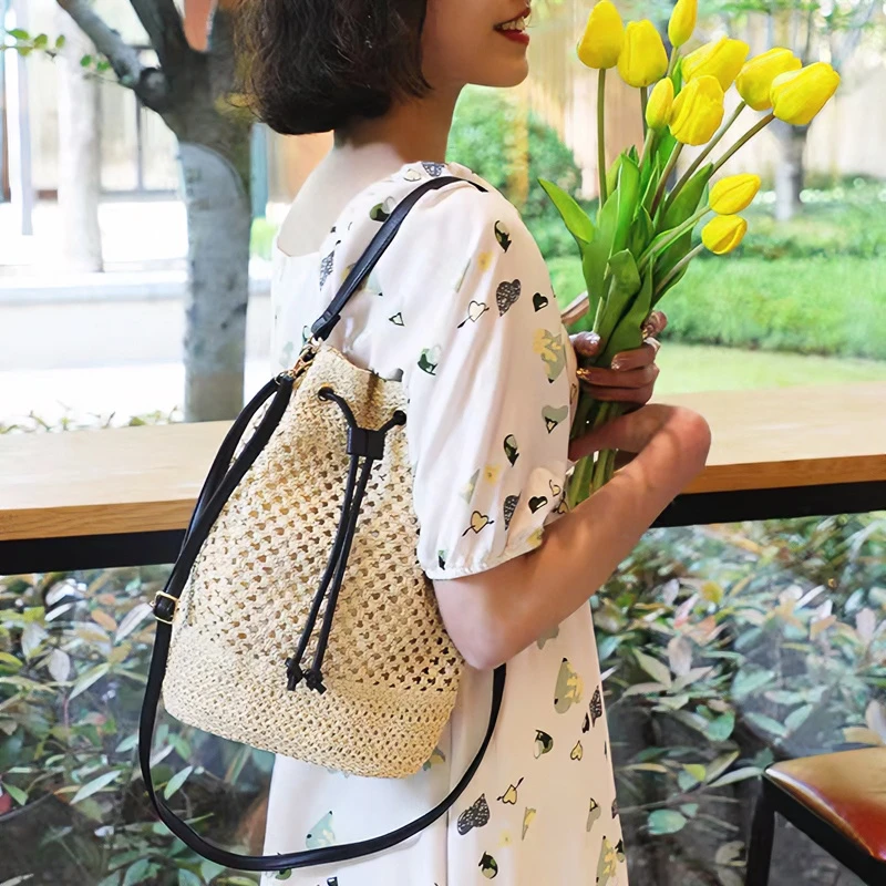 网红休闲百搭ins风户外抽绳手工钩织单肩手提斜挎水桶包