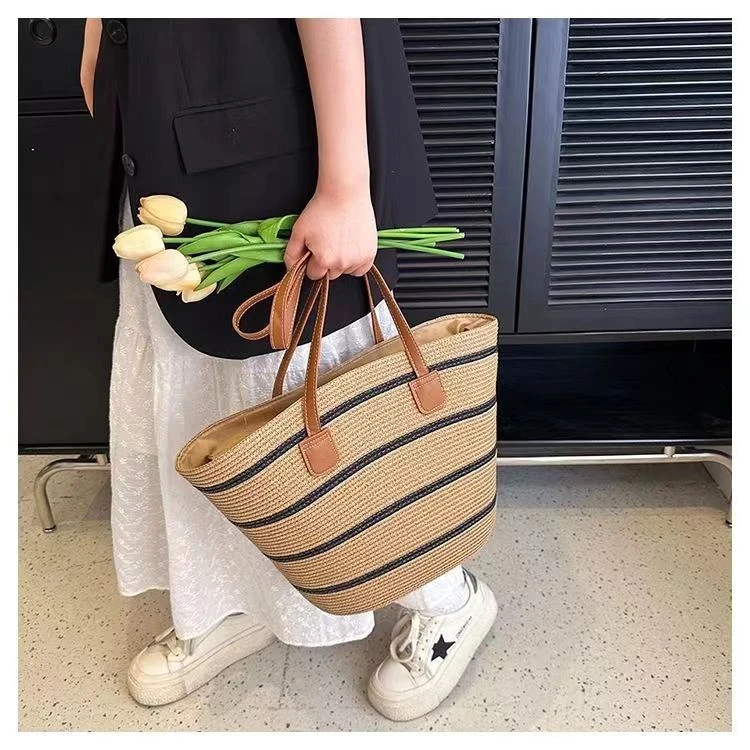 夏季新款条纹草编包 法式大容量托特包气质女士包包手提单肩包