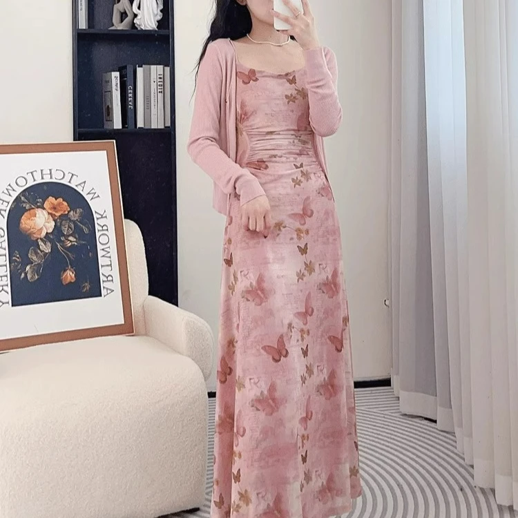 韩版气质收腰遮肉吊带裙女2024夏粉色碎花连衣裙防晒开衫两件套女