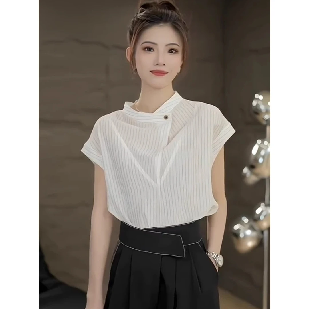 港风复古气质立领条纹衬衫女夏季设计感宽松时尚百搭飞飞袖上衣潮