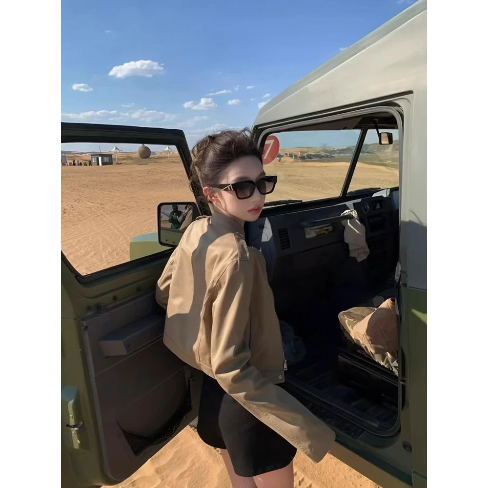 机车风时髦立领简约风百搭短外套女秋季御姐气质开衫茶里茶气上衣