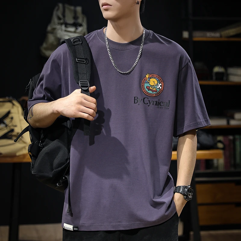 YLK百搭美式潮牌紫色T恤衫男2025夏季新款重磅圆领棉短袖男士宽松