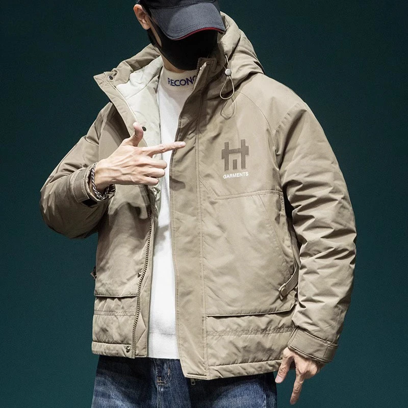 高端卡其色工装羽绒服男装外套短款宽松大码冬季加厚潮牌连帽外套