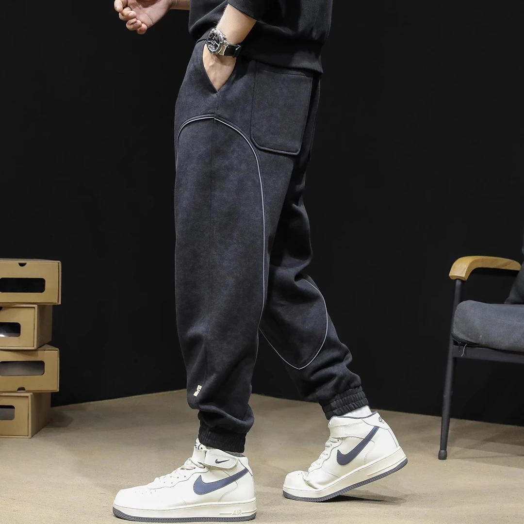 拼接运动裤男士2024新款秋冬款大码休闲黑色裤子束脚卫裤冬季男裤
