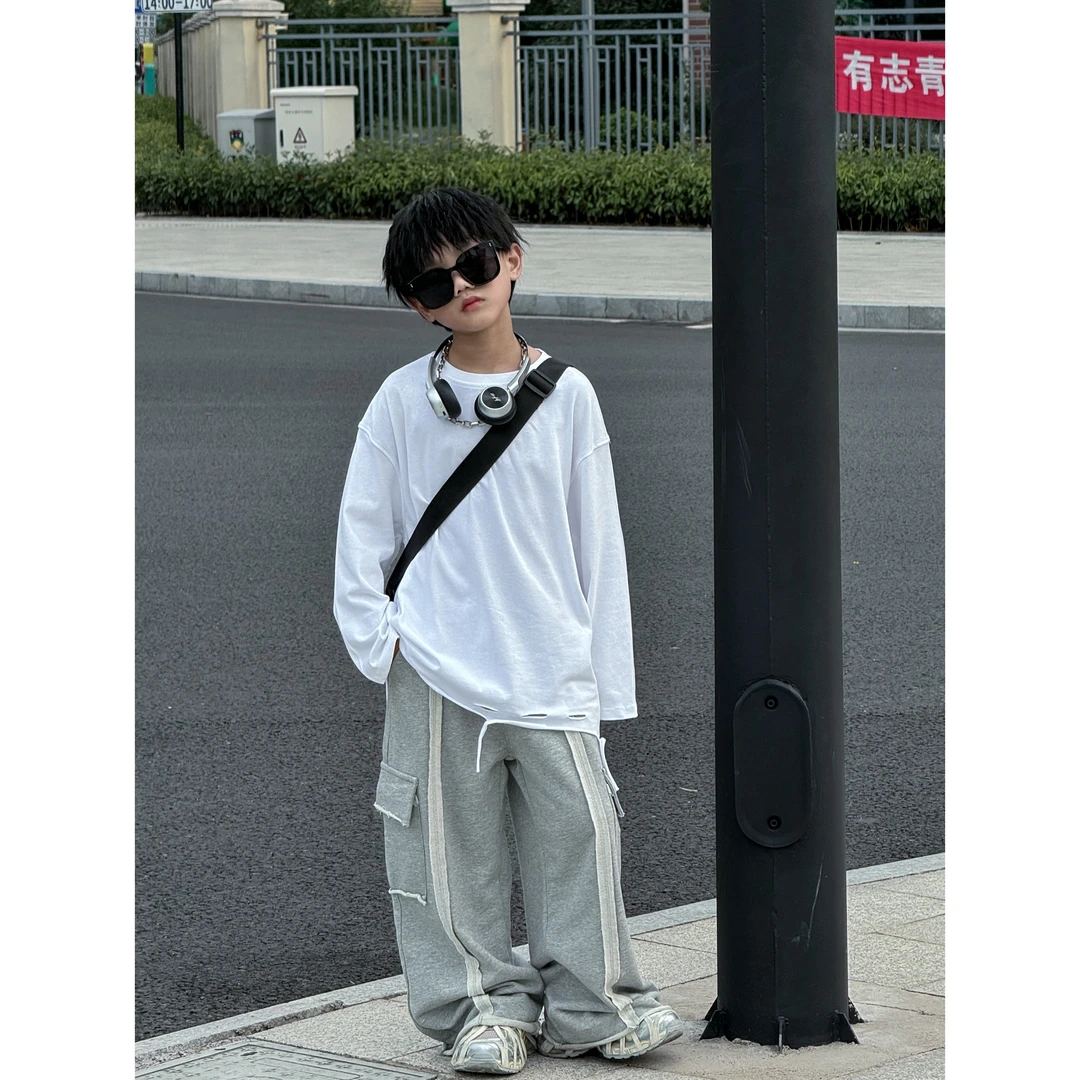THE LUHAN【新破烂T】长袖白色小众宽松韩版秋季百搭纯色体恤24024