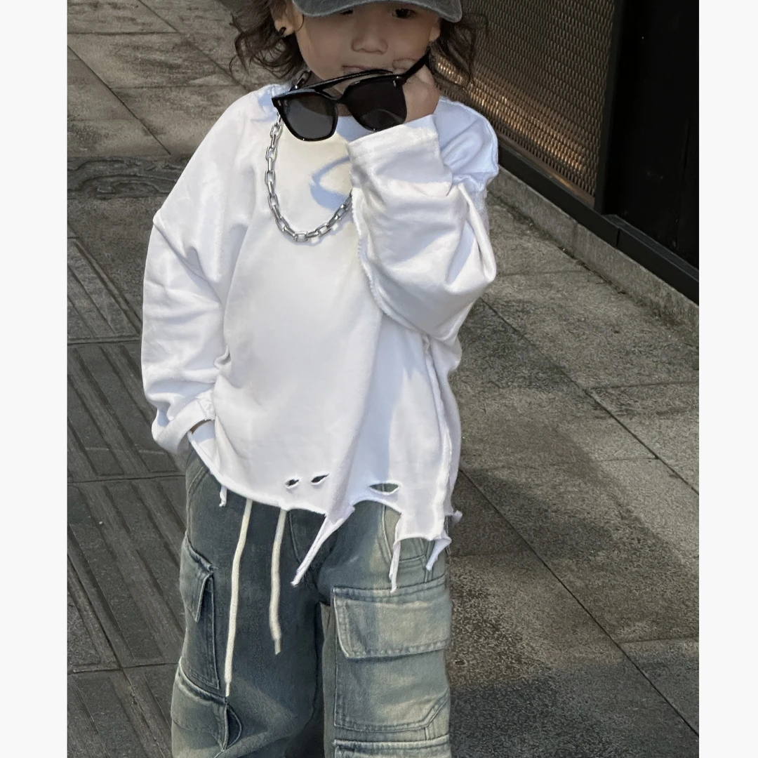 THE LUHAN【小破烂T】长袖白色小众宽松ins韩版秋季印花纯色体恤