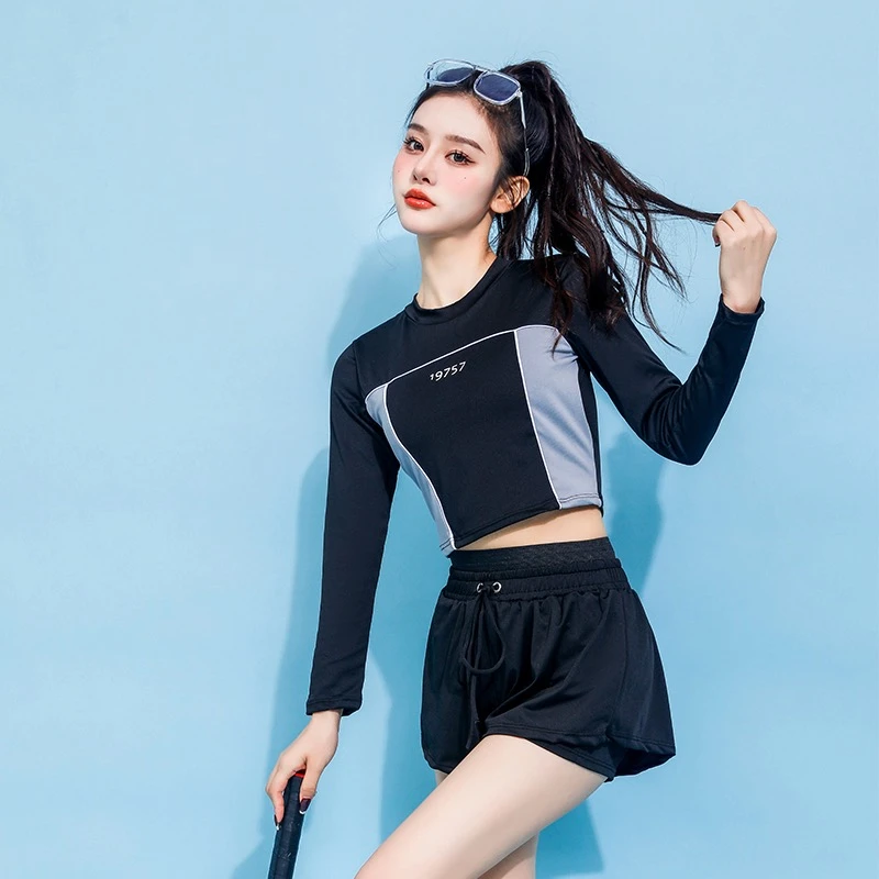 泳衣女分体2023新款保守遮肉显瘦长袖套装运动水上乐园温泉平角裤