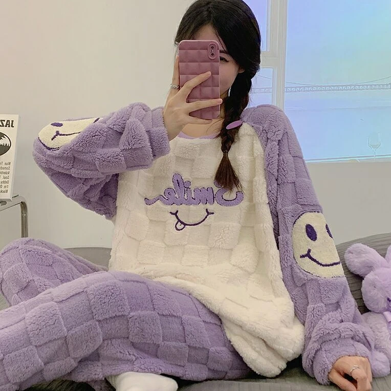 厚绒冬款保暖戴帽加绒女士睡衣宽松加厚居家外出穿韩版家居服套装