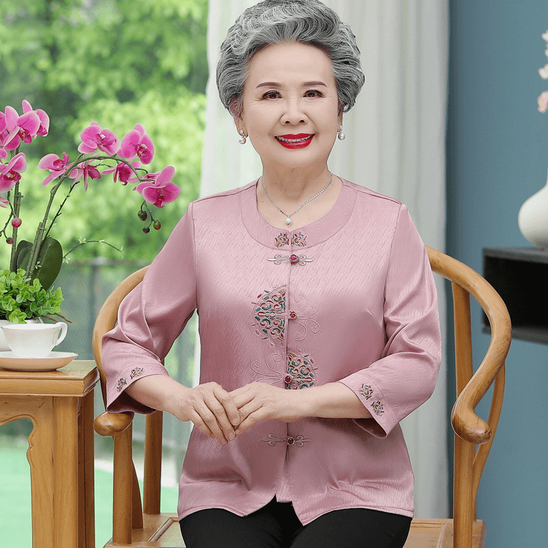 喜庆奶奶仿防真丝衬衫女大码中老年人60至80岁开衫上衣复古绣花唐