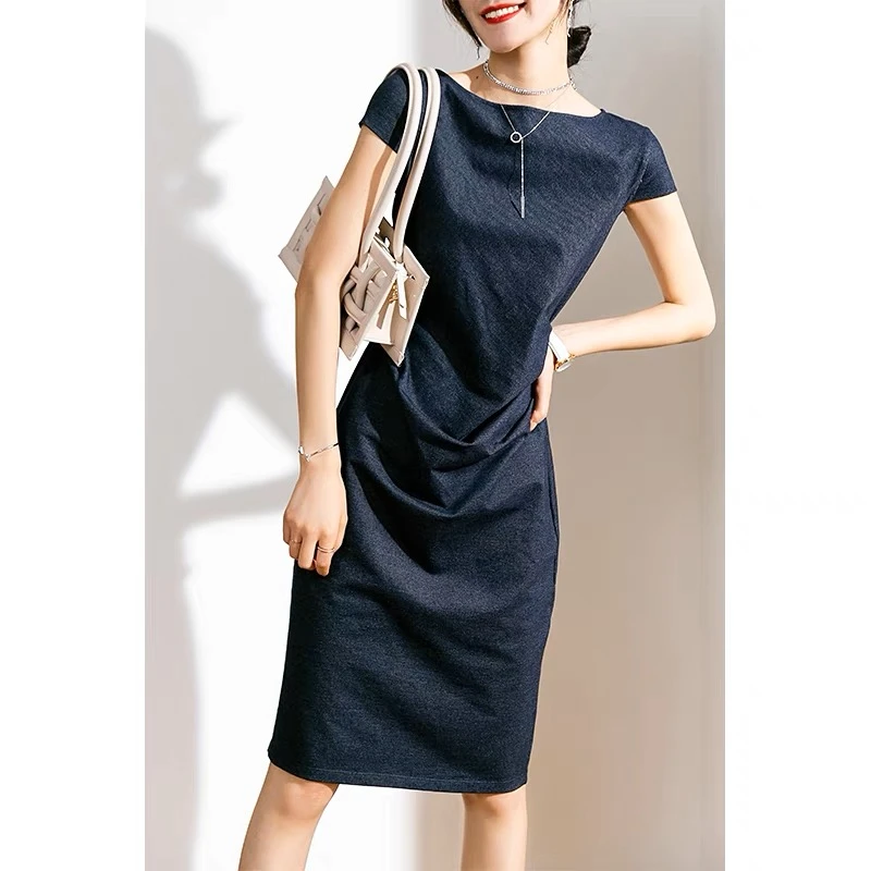 2023新品中长裙连衣裙修身气质通勤显瘦裙子设计感纯色时尚女装