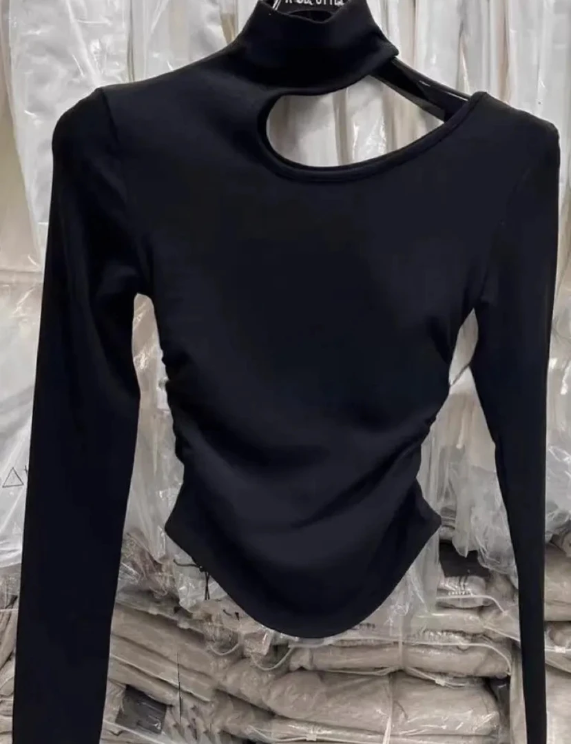 冬季加绒2024新款小心机时尚设计感缩褶套头T恤衫百搭长袖上衣女