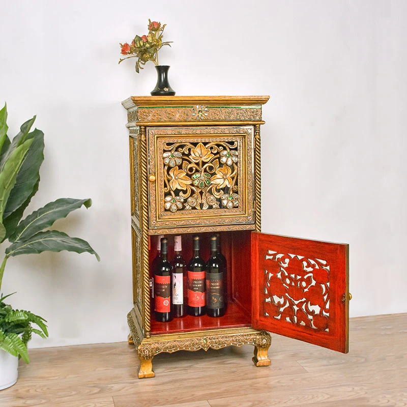 华仔亲荐进口东南亚实木金色双层琉璃雕刻柜客厅子储物柜收纳柜