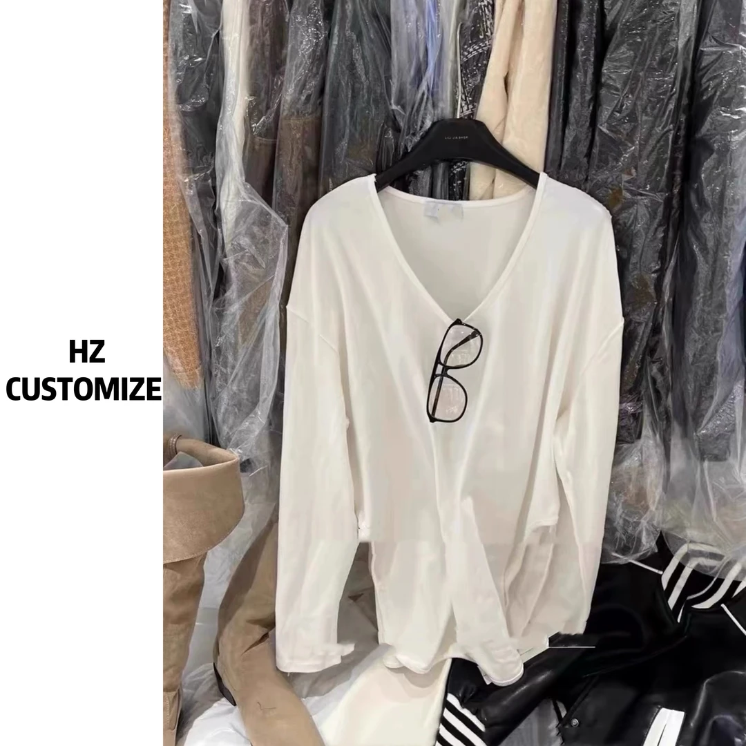 惠惠子甄选【U领加绒白T】纯色宽松内搭外穿开衩中长款显瘦长袖T恤