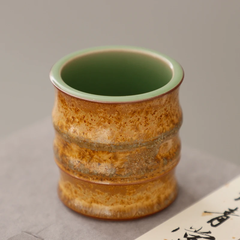 钧窑李峰手作茶叶末钛结晶双面梅子青釉窑变中式竹节杯主人杯茶杯
