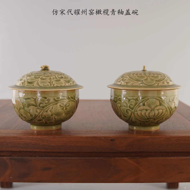 微瑕仿宋代耀州窑橄榄青釉双刀刻花中式手工摆件青瓷摆件宋代盖碗