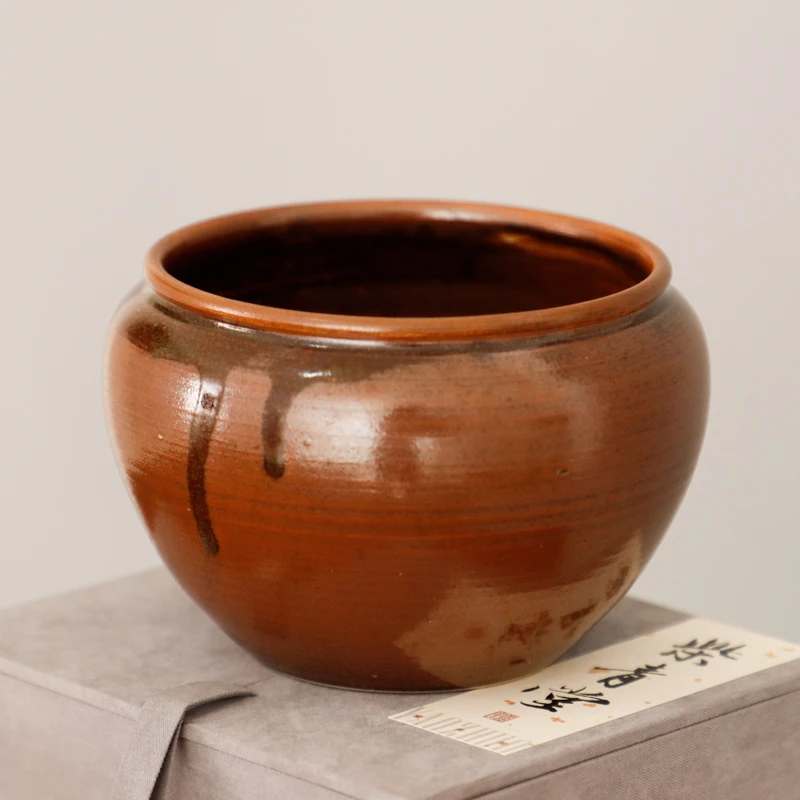 耀州窑徐磊手作新派粗陶酱色釉窑变青瓷中式复古罐子茶渣缸建水