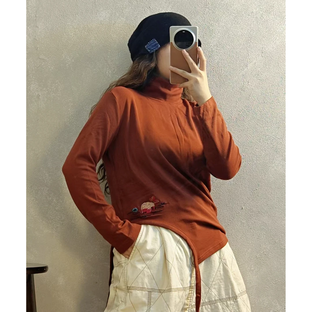 秋冬新款高领刺绣不规则打底衫休闲百搭保暖