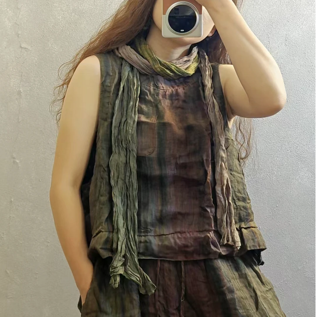 复古原创炒色百搭休闲双层苎麻彩条上衣时尚文艺气质民族风