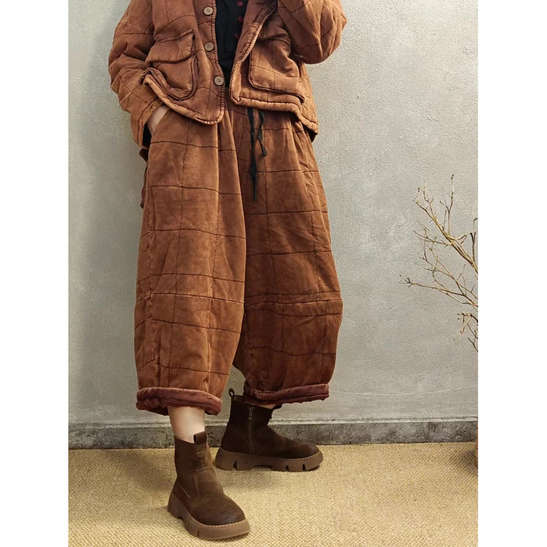 秋冬新款压格炒色做旧七分裤夹棉靴裤