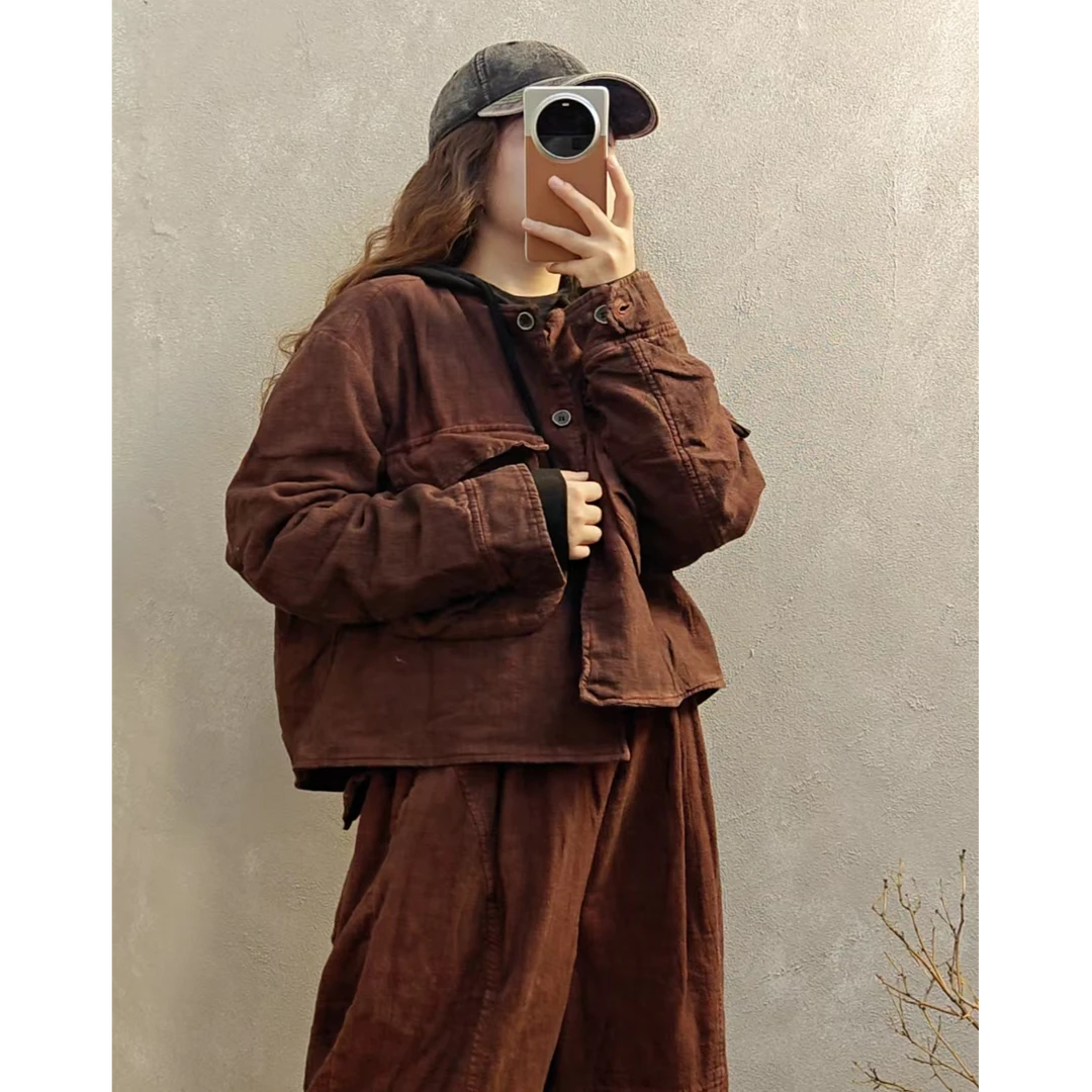 冬季新款原创设计师砂洗炒色做旧褶皱口袋亚麻夹棉棉衣