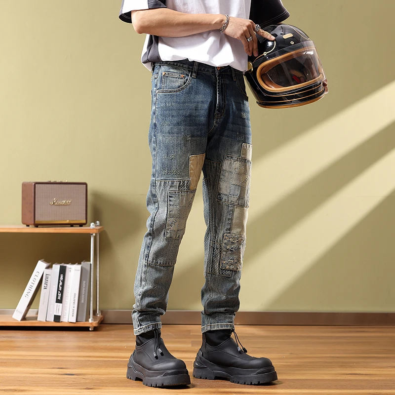 高街美式复古拼接补丁牛仔裤男潮牌个性痞帅贴布弹力修身小脚裤子