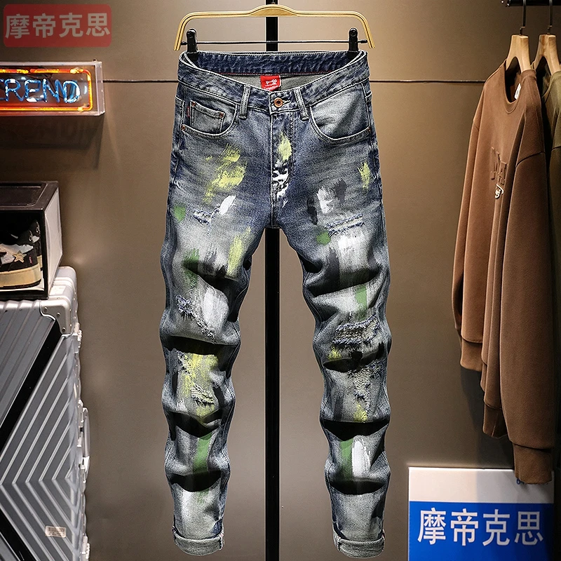 香港日系潮流复古牛仔裤男士百搭油漆破洞补丁乞丐韩版痞帅潮牌