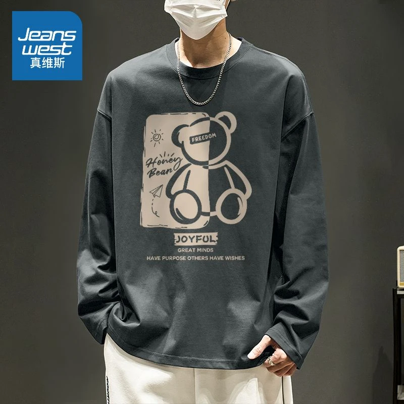 真维斯纯棉t恤男秋季美式小熊印花圆领体恤青少年学生潮流打底衫