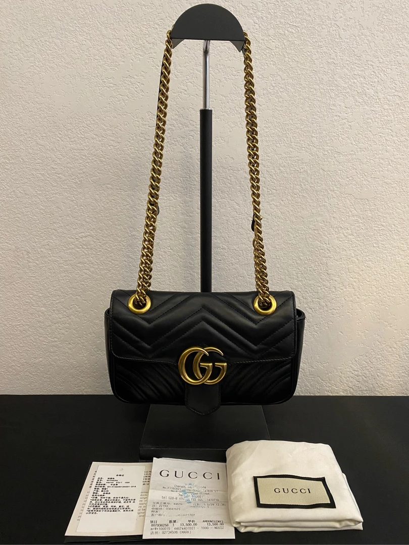 99新 GUCCI/古驰 Gucci GG marmont 马蒙22黑色单肩翻盖肩包