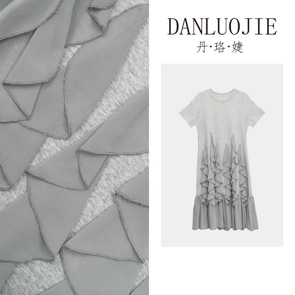 【原创大码设计师】2436时尚新款灰色拼接薄纱气质休闲连衣裙