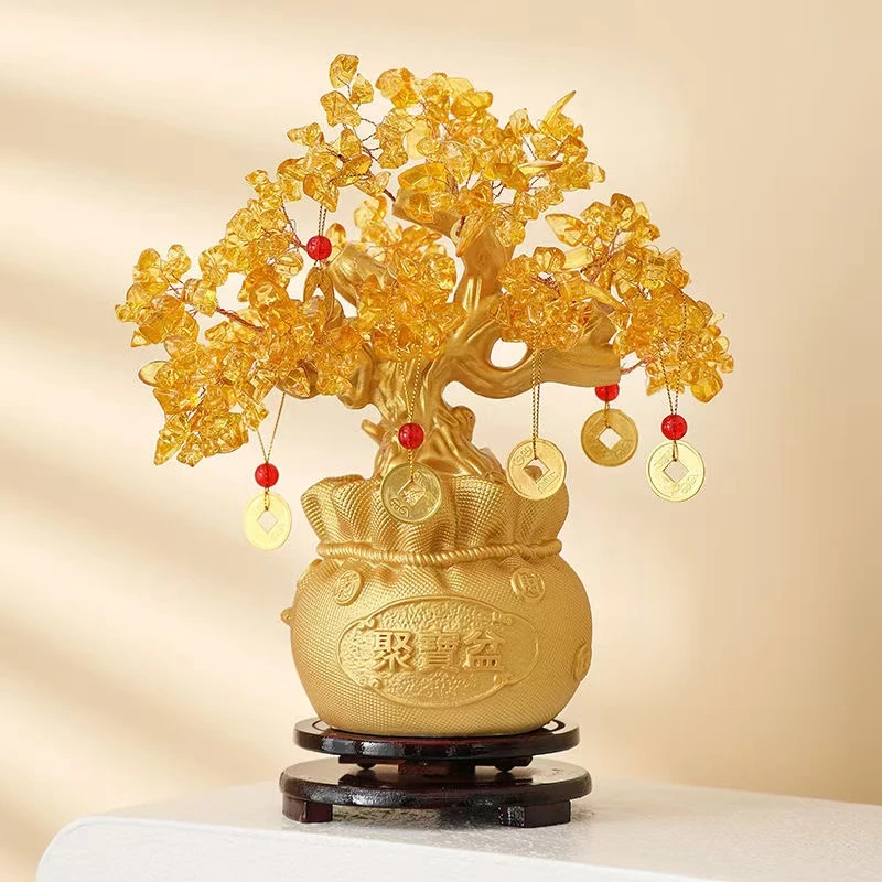 新款黄水晶聚宝盆发财树摆件工艺家居客厅玄关电视柜酒柜开业创意