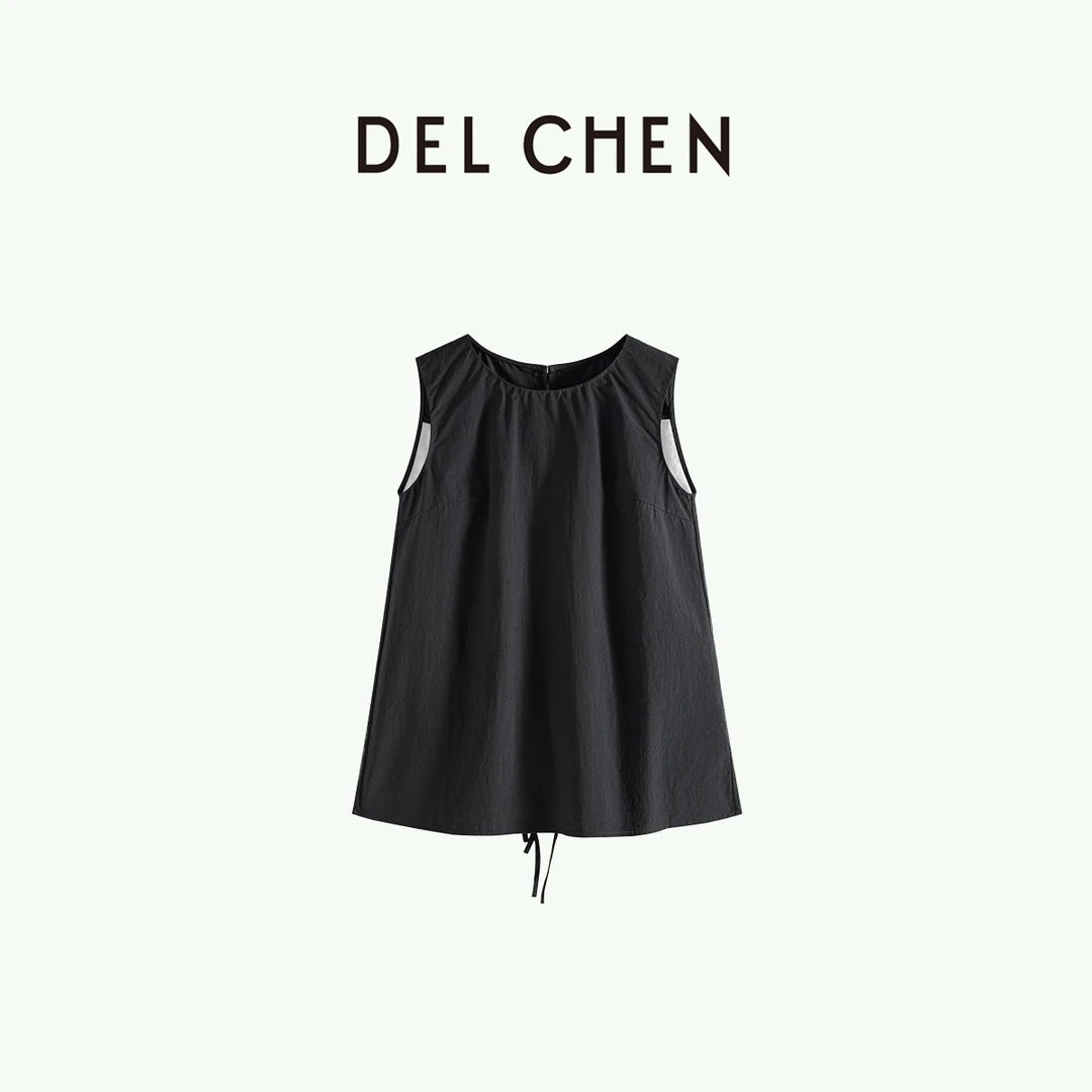 DELCHEN 2024SS  黑色无袖网纱拼接圆领上衣  DCTL9737