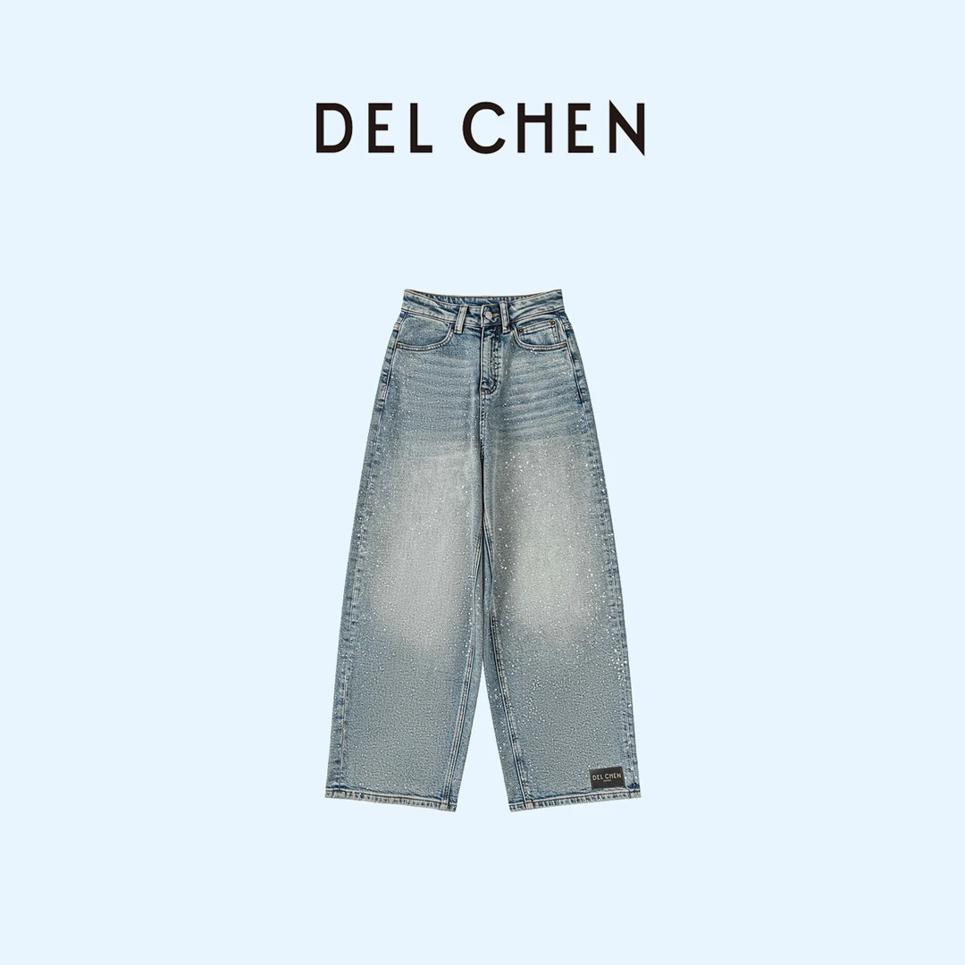 DELCHEN 2024FW  水蓝色烫钻宽松阔腿亮片牛仔裤 DCPY80095