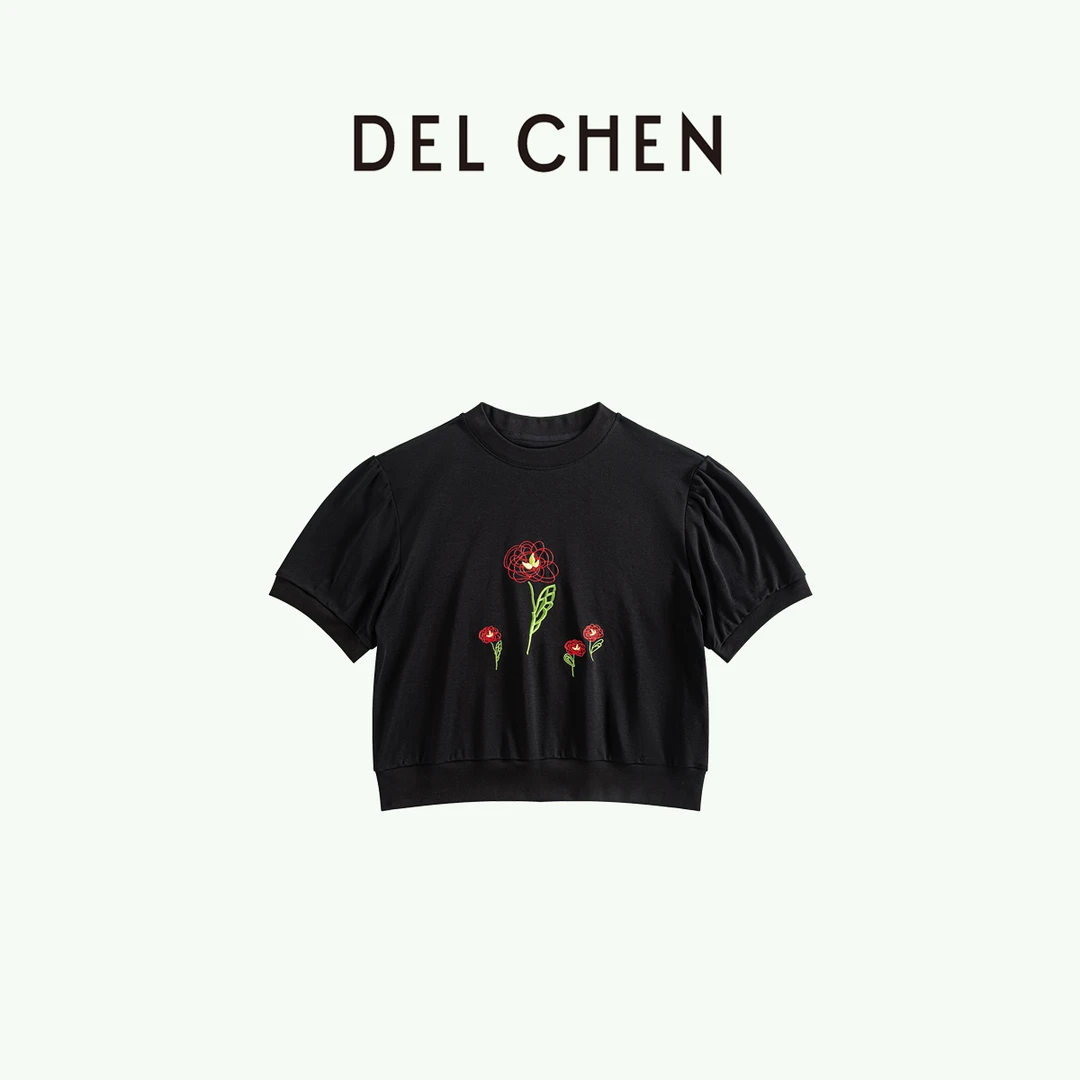 DELCHEN 2024SS  小花花黑色泡泡袖短款T恤 DCTY7685