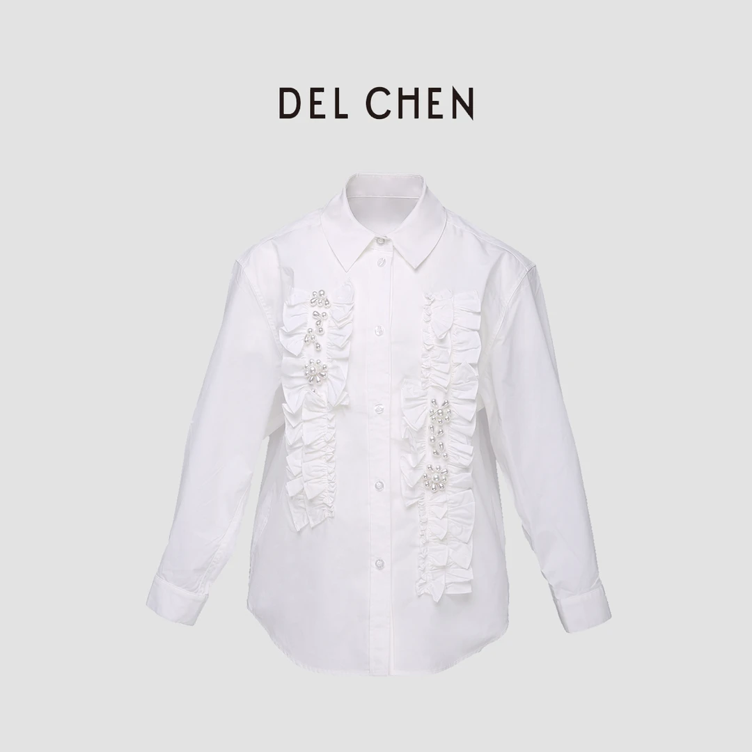 DELCHEN 2023SS 白色捏褶长袖衬衫DCTY7498