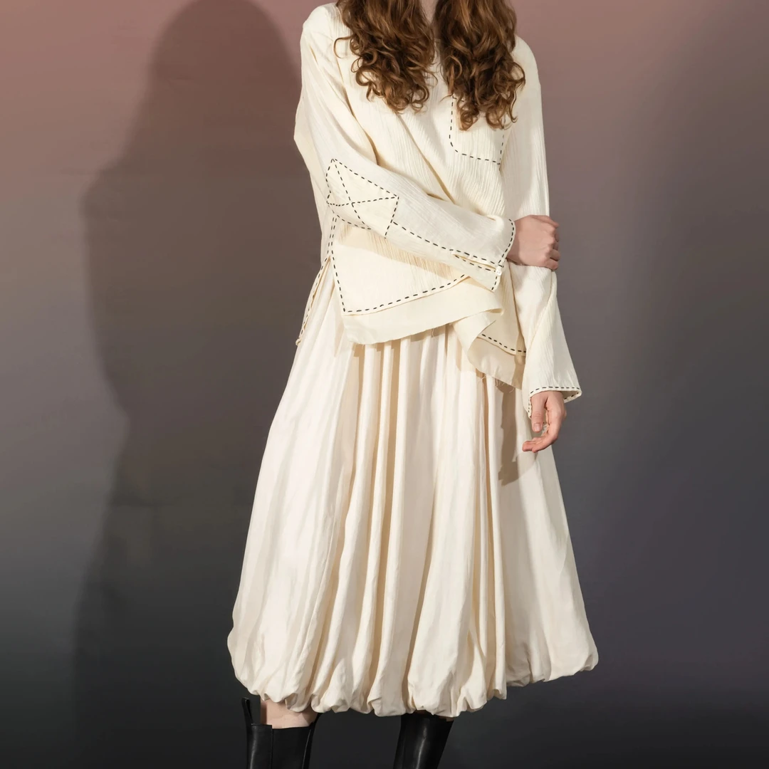 DELCHEN+ 2024FW 杏色捏褶花苞长半裙DC+SY71060