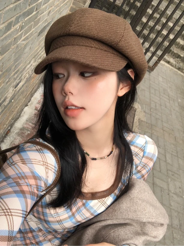 英伦复古八角帽子女秋冬纹理感韩版休闲百搭学院风韩系报童帽潮