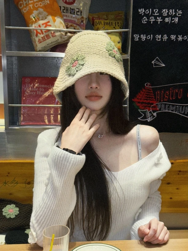 复古泫雅风手工花朵毛线盆帽女春秋保暖针织渔夫帽网红遮脸水桶帽