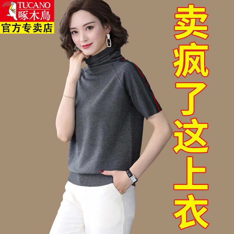 啄木鸟短袖高领针织衫2023年新款秋装长袖打底衫宽松女装T恤春秋