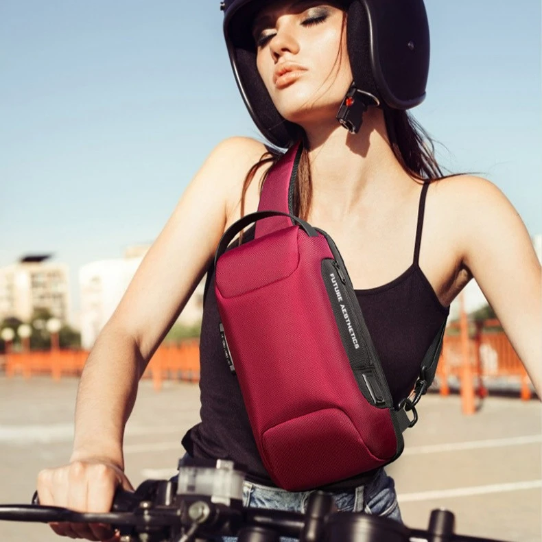 外贸出口防盗密码锁USB插口商务休闲防水跑车胸包斜挎单肩包简约