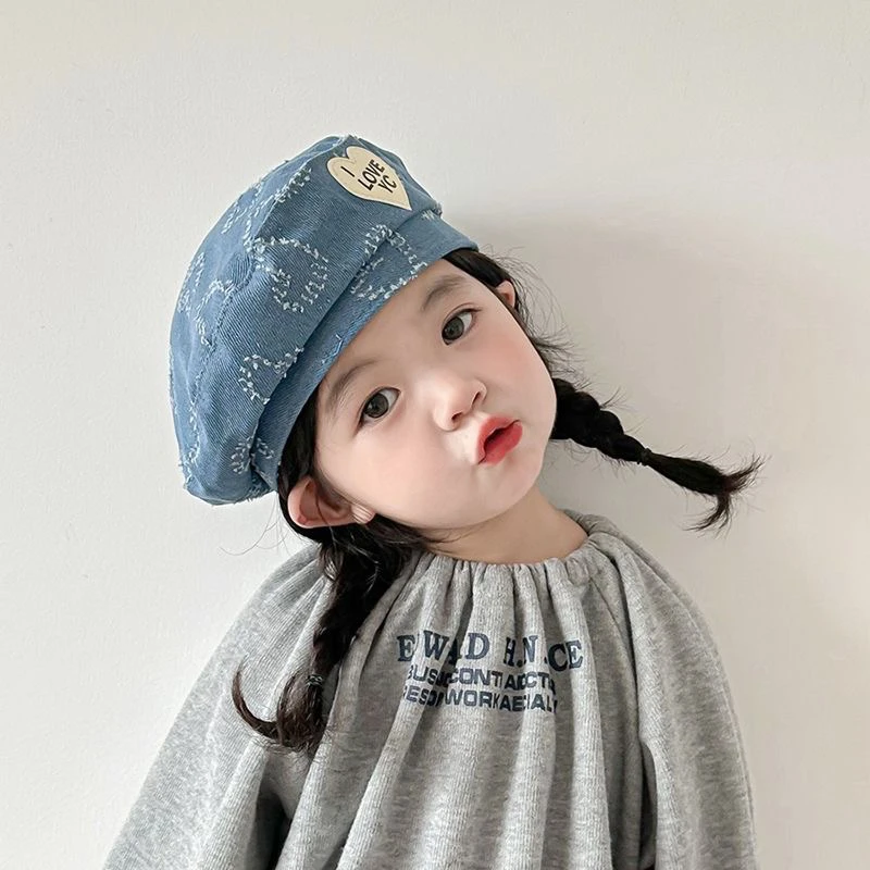 儿童贝雷帽女童韩版洋气牛仔帽子春秋季男童宝宝南瓜帽小孩画家帽