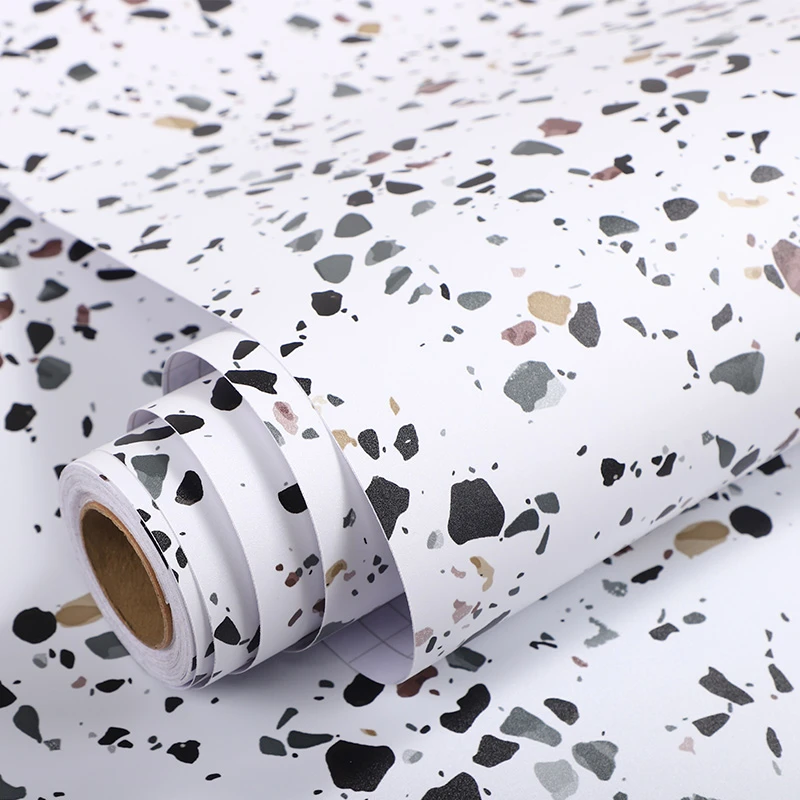 哑光加厚白彩星水磨石大理石纹防水贴纸自粘墙纸厨房台面防油岩板