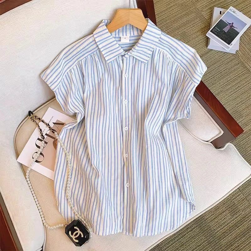 蓝白条纹衬衫短袖女小个子夏2024设计感小众高级感飞飞袖休闲衬衣
