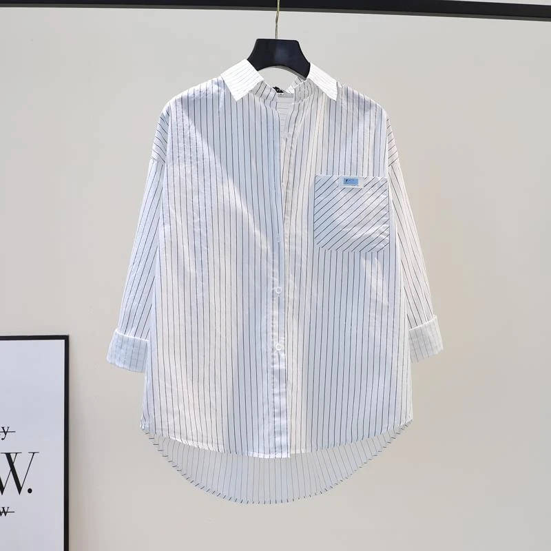 高颜值时髦经典黑白条纹衬衫女装欧版宽松时尚衬衣开衫纯棉休闲