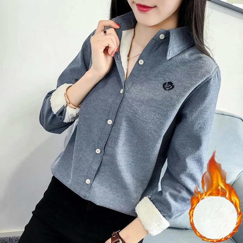 加绒加厚洋气刺绣衬衫女内搭衬衣2023秋冬新款设计感小众学生上衣