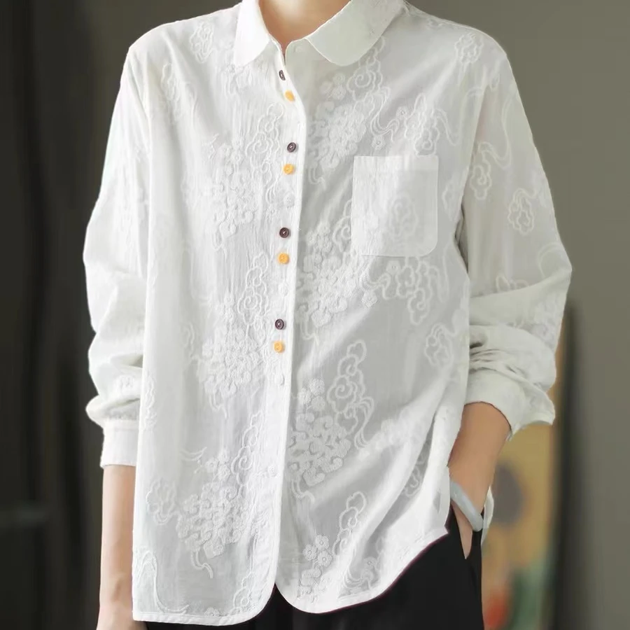 海外订单文艺风纯棉重工绣花女士衬衫小外套春秋季时尚气质款显瘦