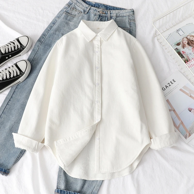 加绒加厚白色衬衫女长袖设计感小众减龄打底洋气打底小衫上衣秋季