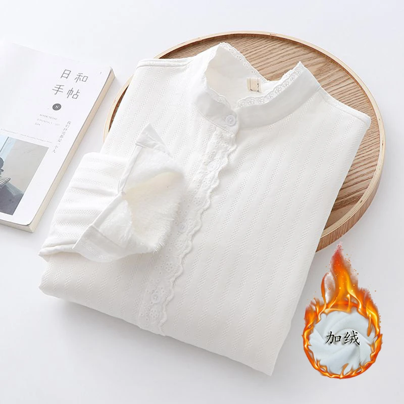 立领衬衫女长袖白色加绒加厚蕾丝通勤衬衣洋气小衫上衣保暖打底衫