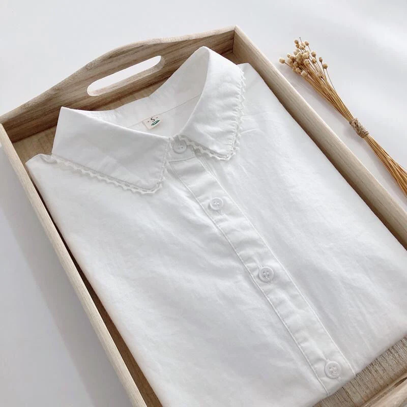 春秋新款文艺小清新蕾丝花边纯棉长袖白衬衫女宽松打底衬衣减龄潮