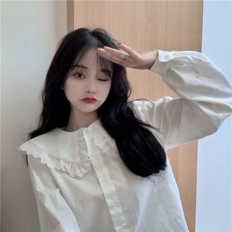 夏季欧货长袖女士纯棉衬衫女2024新款娃娃领蕾丝上衣小衫通勤衬衣